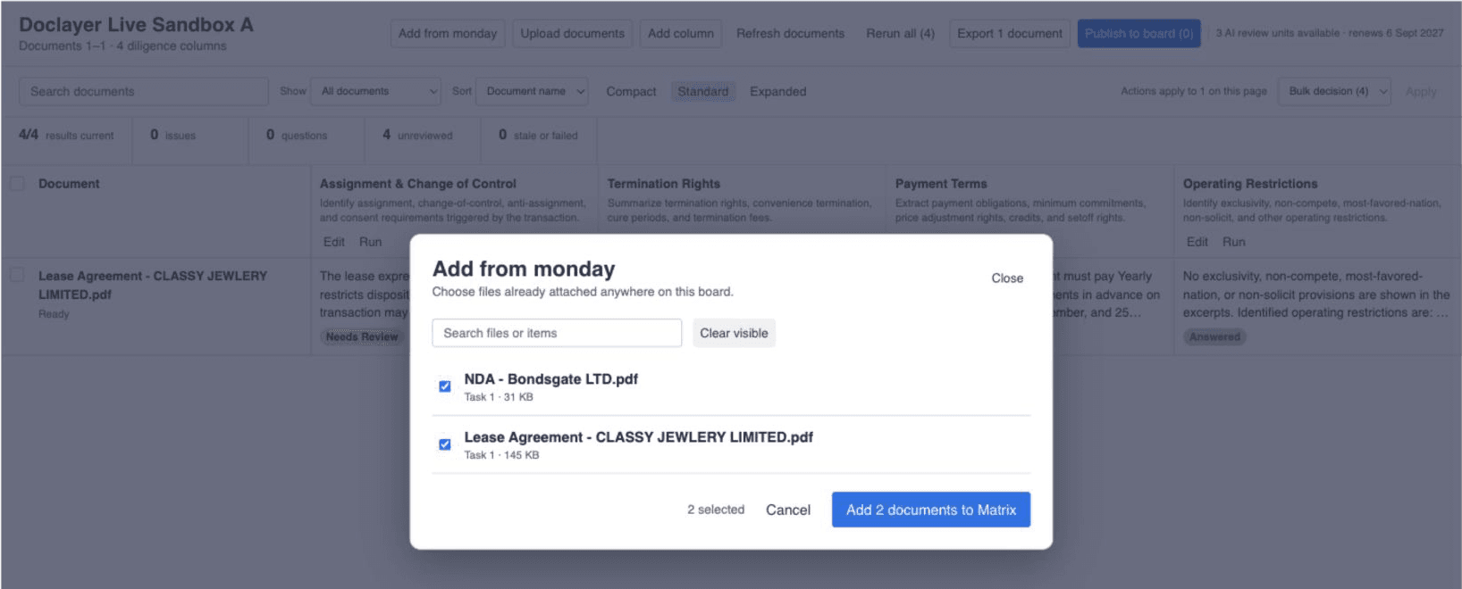 The Add from monday dialog listing an NDA and a lease attached to the board, both selected, with a button to add two documents to the Matrix.