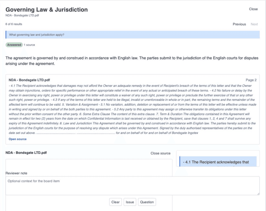 The evidence panel for a governing law question: the answer, the cited page-2 passage from the NDA, a reviewer note field, and Clear, Issue and Question buttons.